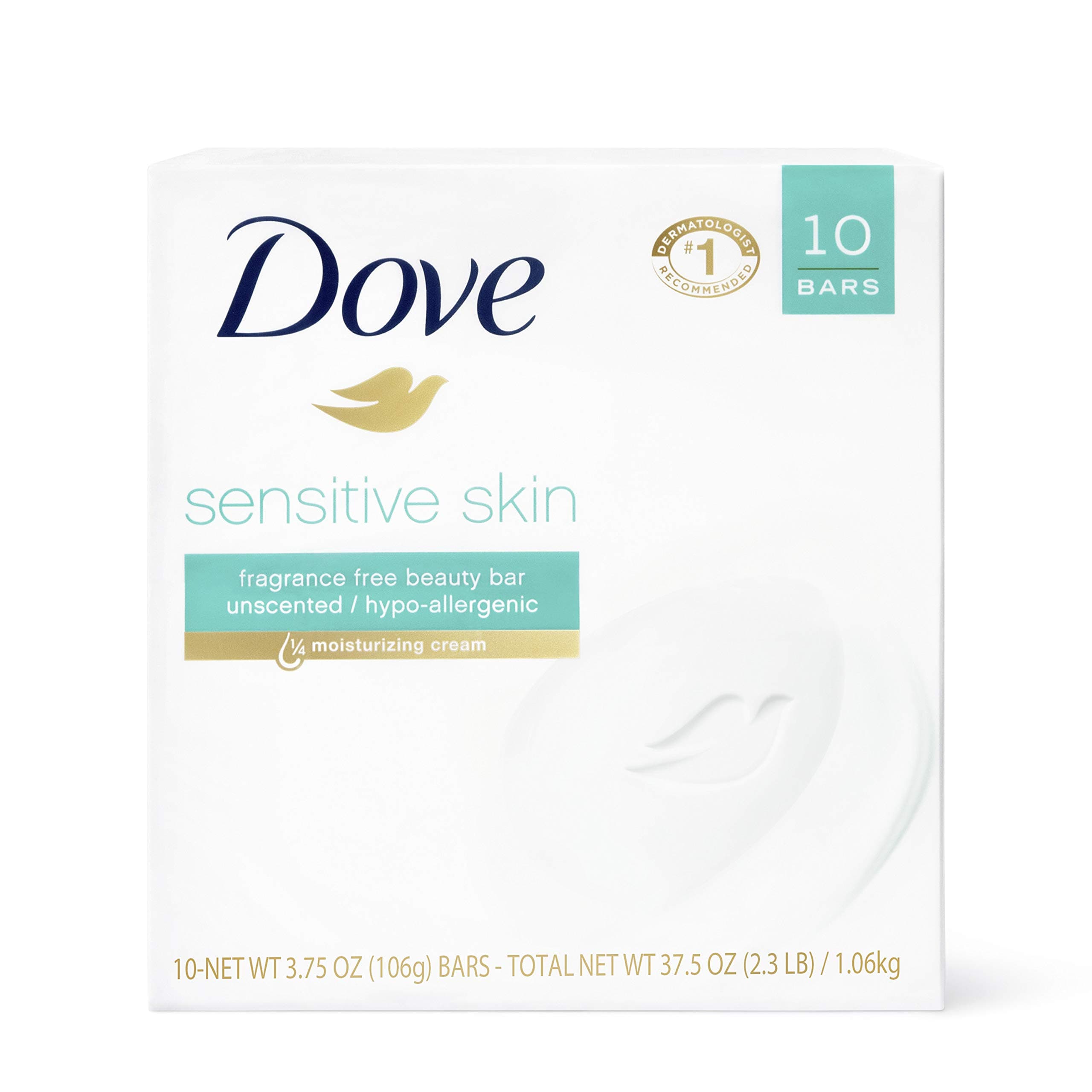 Dove Beauty Bar More Moisturizing Than Bar Soap Sensitive Skin Effectively Washes Away Bacteria, Nourishes Your Skin 3.75 oz 10 Bars image 1