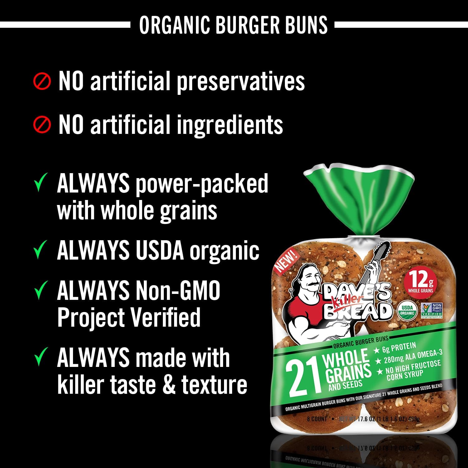 Dave's Killer Bread 21 Whole Grains & Seeds Burger Buns, Organic Hamburger Buns, 8 Count thumbnail 7