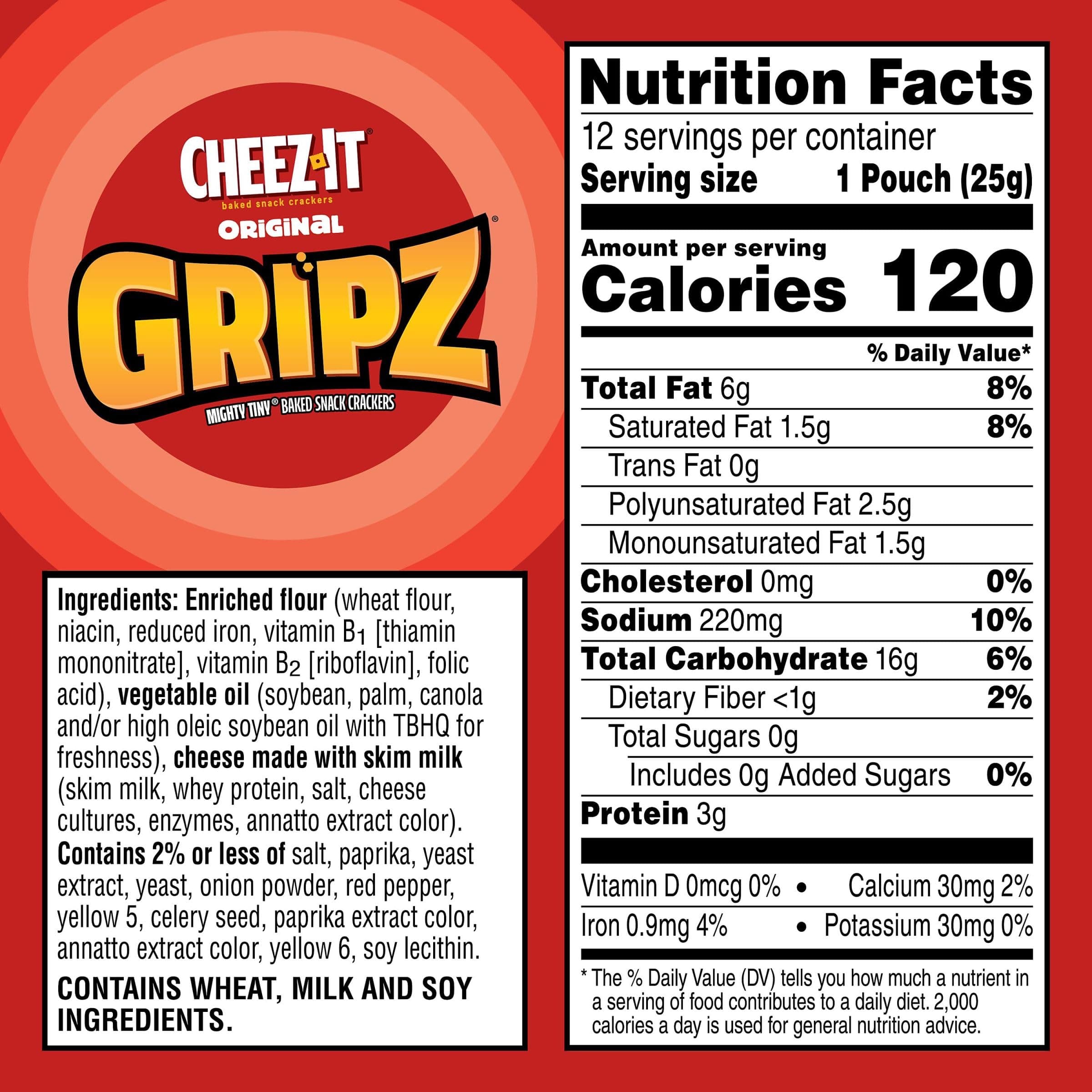 Gripz Mini Cheese Crackers, Kids Snacks, Baked Snack Crackers, Cheez-It Original, 10.8oz Box (12 Pouches) thumbnail 3