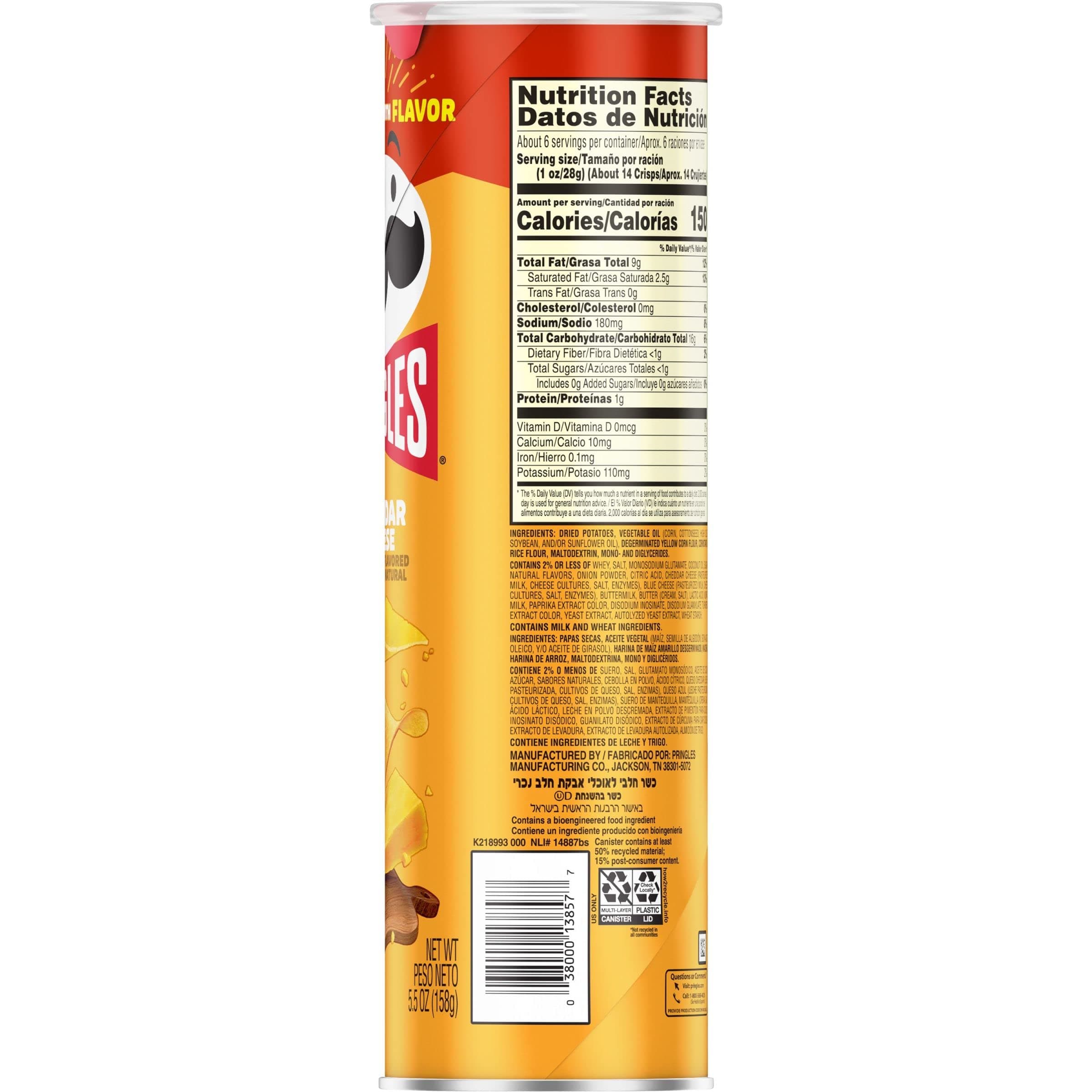 Pringles Potato Crisps Chips, Lunch Snacks, On-the-Go Snacks, Cheddar Cheese, 5.5oz Can (1 Can) thumbnail 12