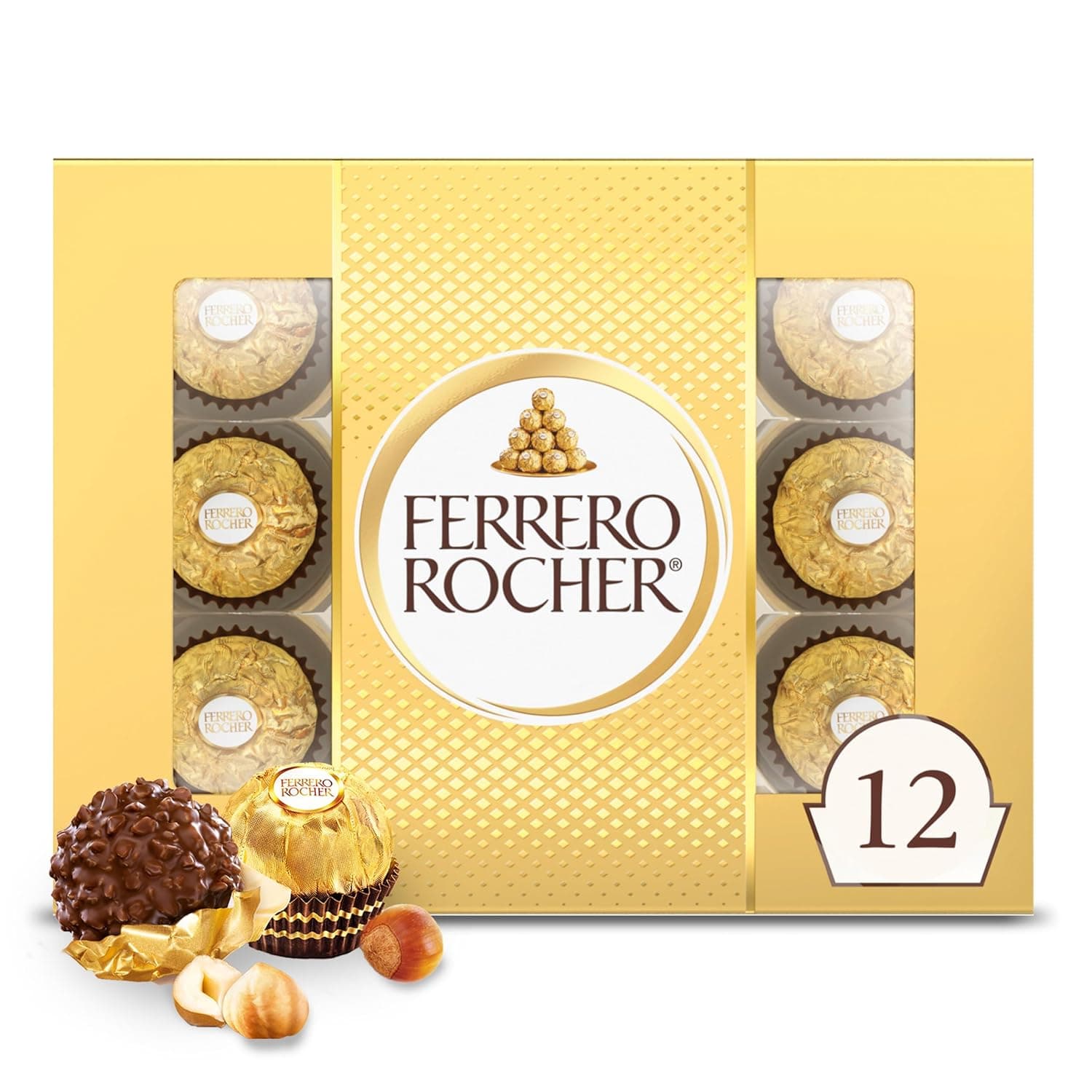 Ferrero Rocher Gourmet Hazelnut Milk Chocolate Valentine's Day Gift Box, 12 Individually Wrapped Chocolates for Gifting, 5.3 oz