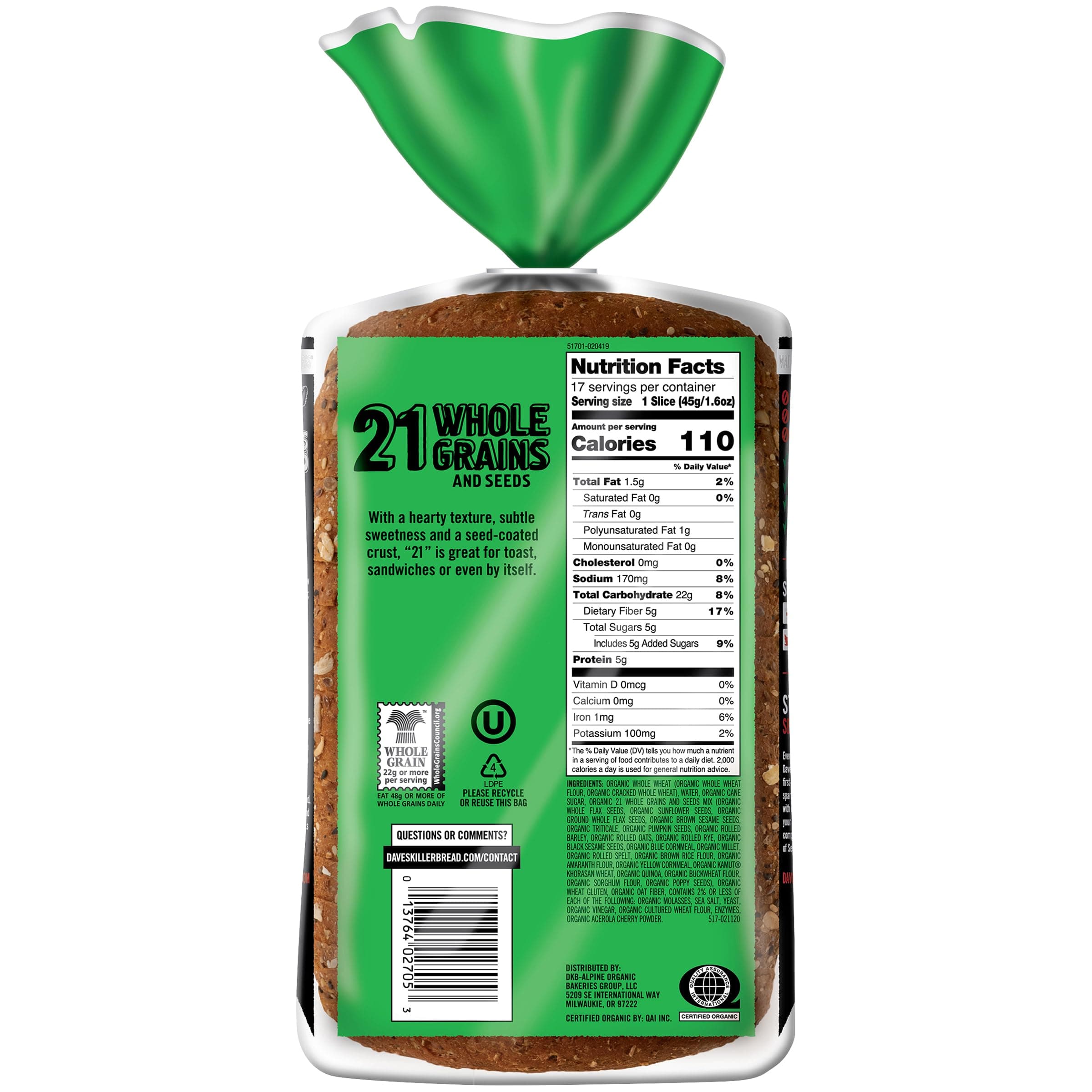 Organic Bread 21 Whole Grains & Seeds, 27 oz. (Pack of 2 Loaves) thumbnail 3