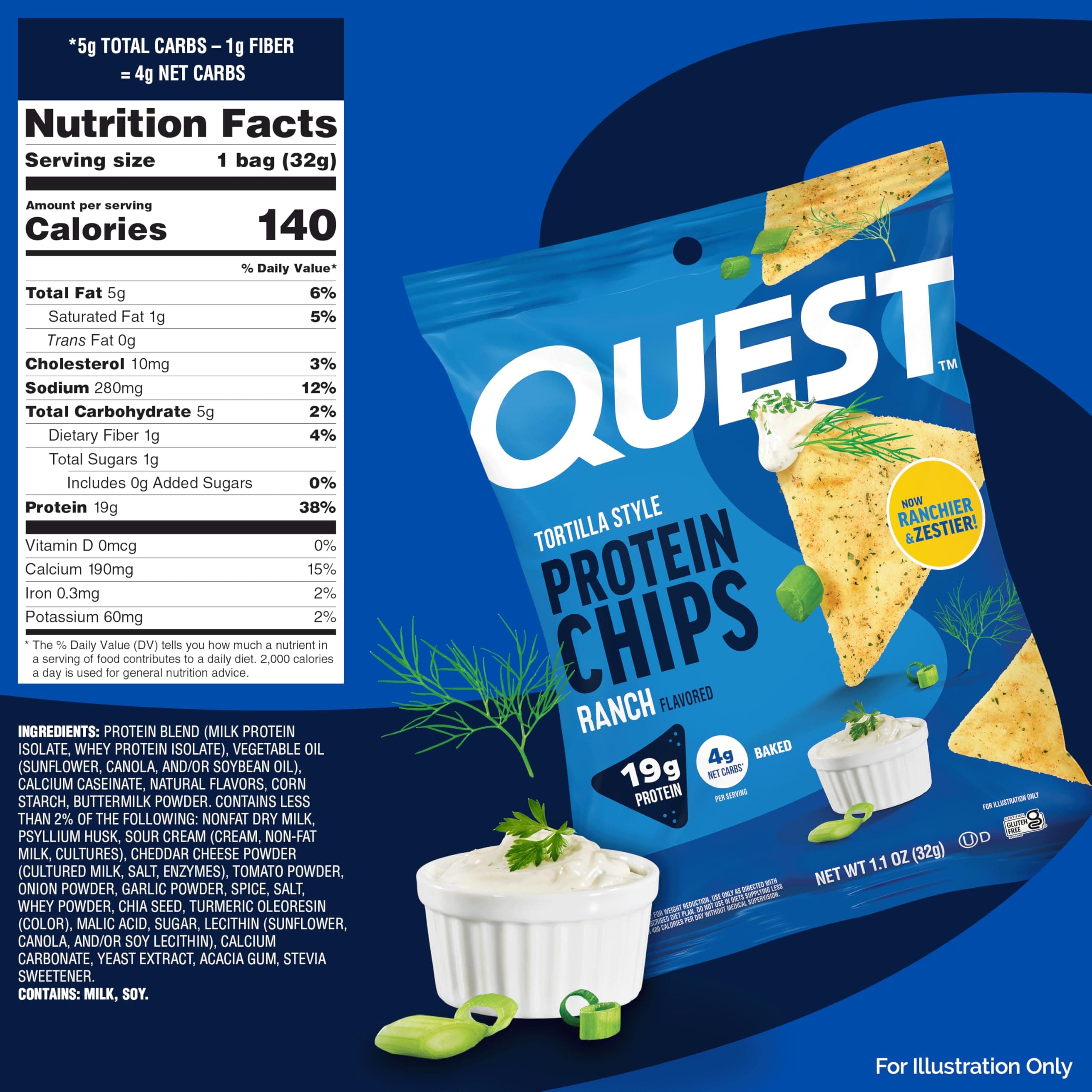 Quest Nutrition Ranch Tortilla Style Protein Chips, 19g Protein, 4g Net Carb, High Protein, Low Carb, Gluten Free, 1.1 Ounce (Pack of 12) thumbnail 3