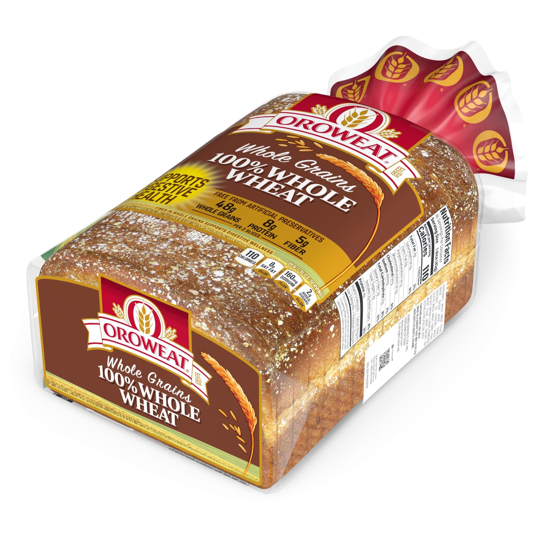 Oroweat Whole Grains 100% Whole Wheat Bread, Wheat Bread Free From Artificial Colors, Flavors and Preservatives, 24 oz Loaf thumbnail 4