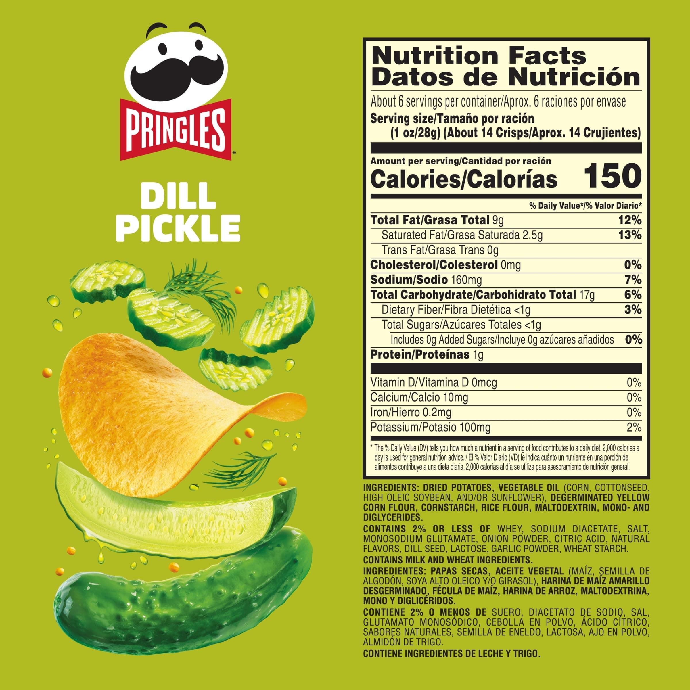 Pringles Potato Crisps Chips, Lunch Snacks, On-the-Go Snacks, Dill Pickle, 5.5oz Can (1 Can) thumbnail 3