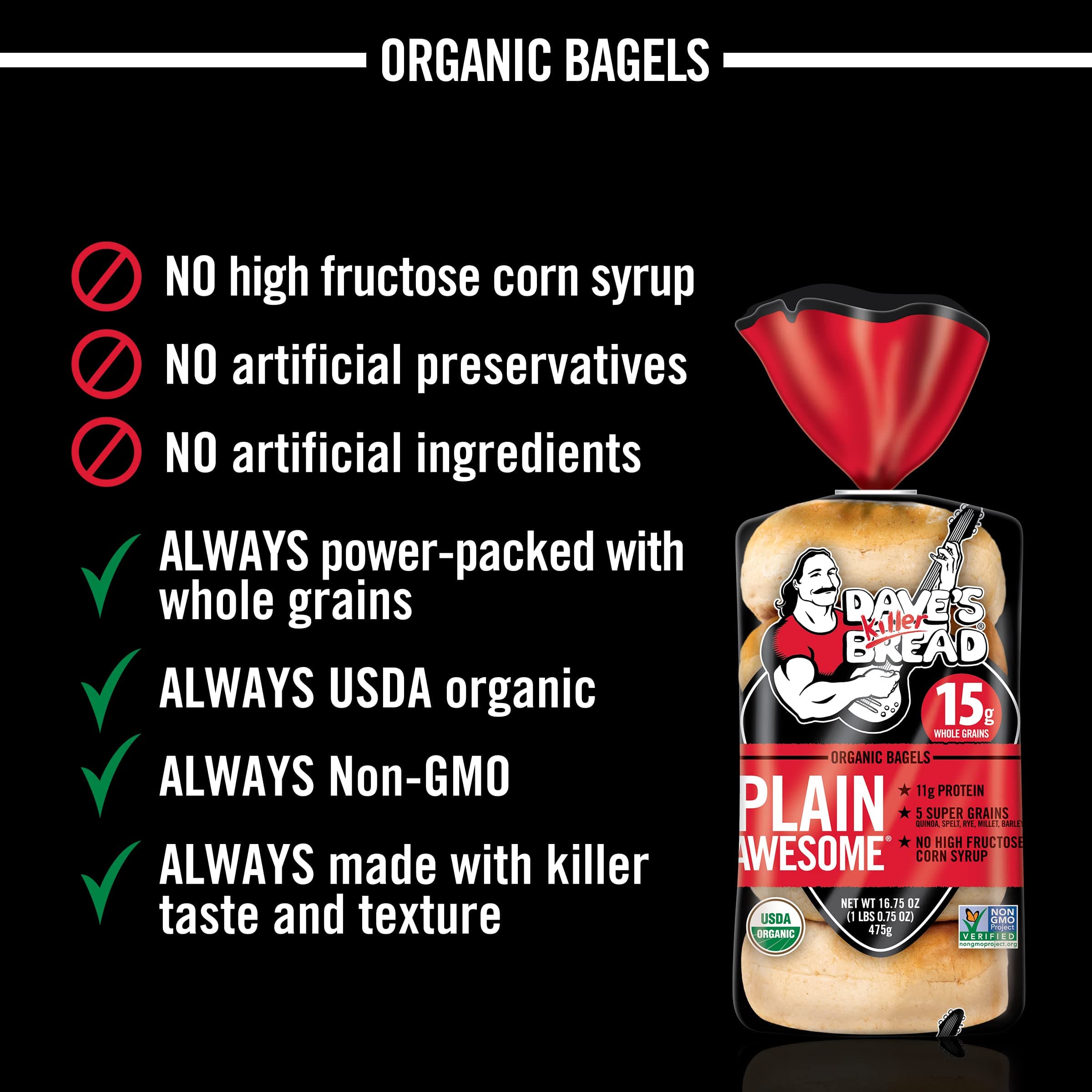 Dave's Killer Bread Plain Awesome Bagels, Organic Bagels, 15g Whole Grains per Bagel, 5 Count thumbnail 6