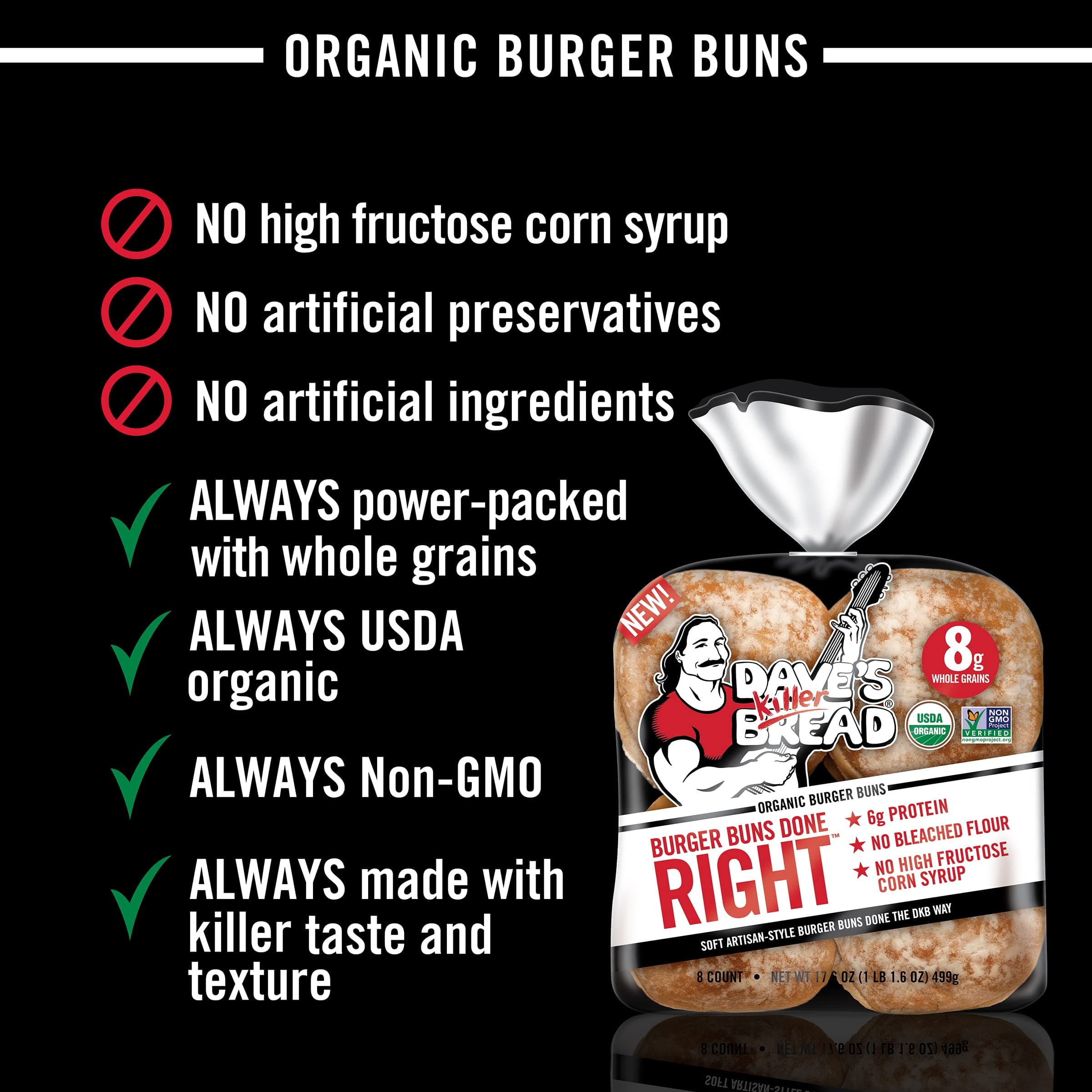 Dave's Killer Bread Burger Buns Done Right, Organic White Bread Hamburger Buns, 8 Count thumbnail 8
