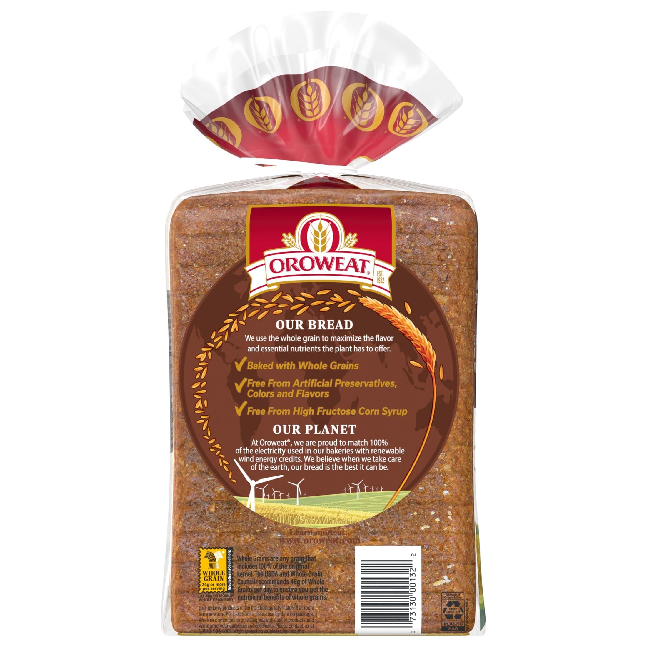 Oroweat Whole Grains 100% Whole Wheat Bread, Wheat Bread Free From Artificial Colors, Flavors and Preservatives, 24 oz Loaf thumbnail 5