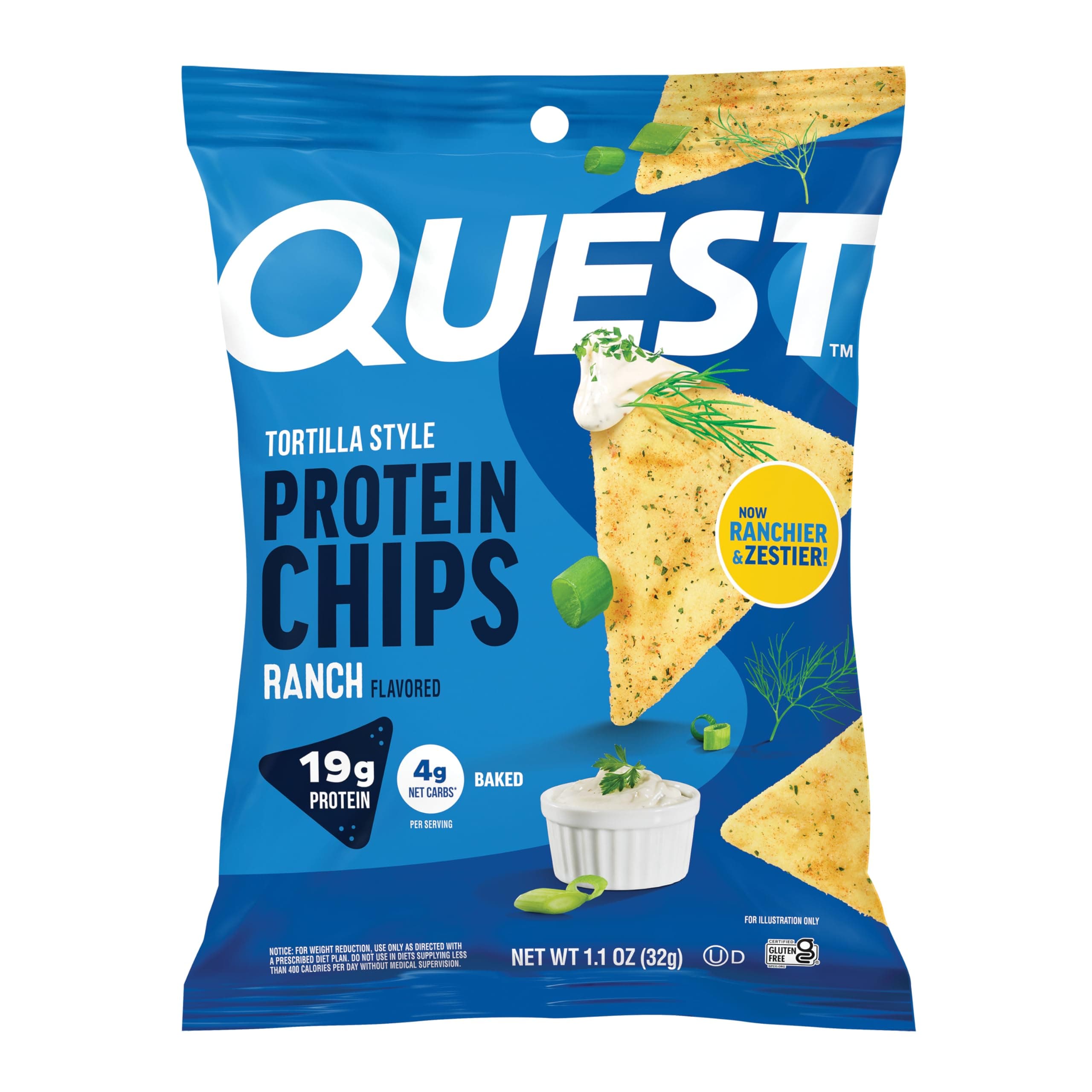Quest Nutrition Ranch Tortilla Style Protein Chips, 19g Protein, 4g Net Carb, High Protein, Low Carb, Gluten Free, 1.1 Ounce (Pack of 12) image 1