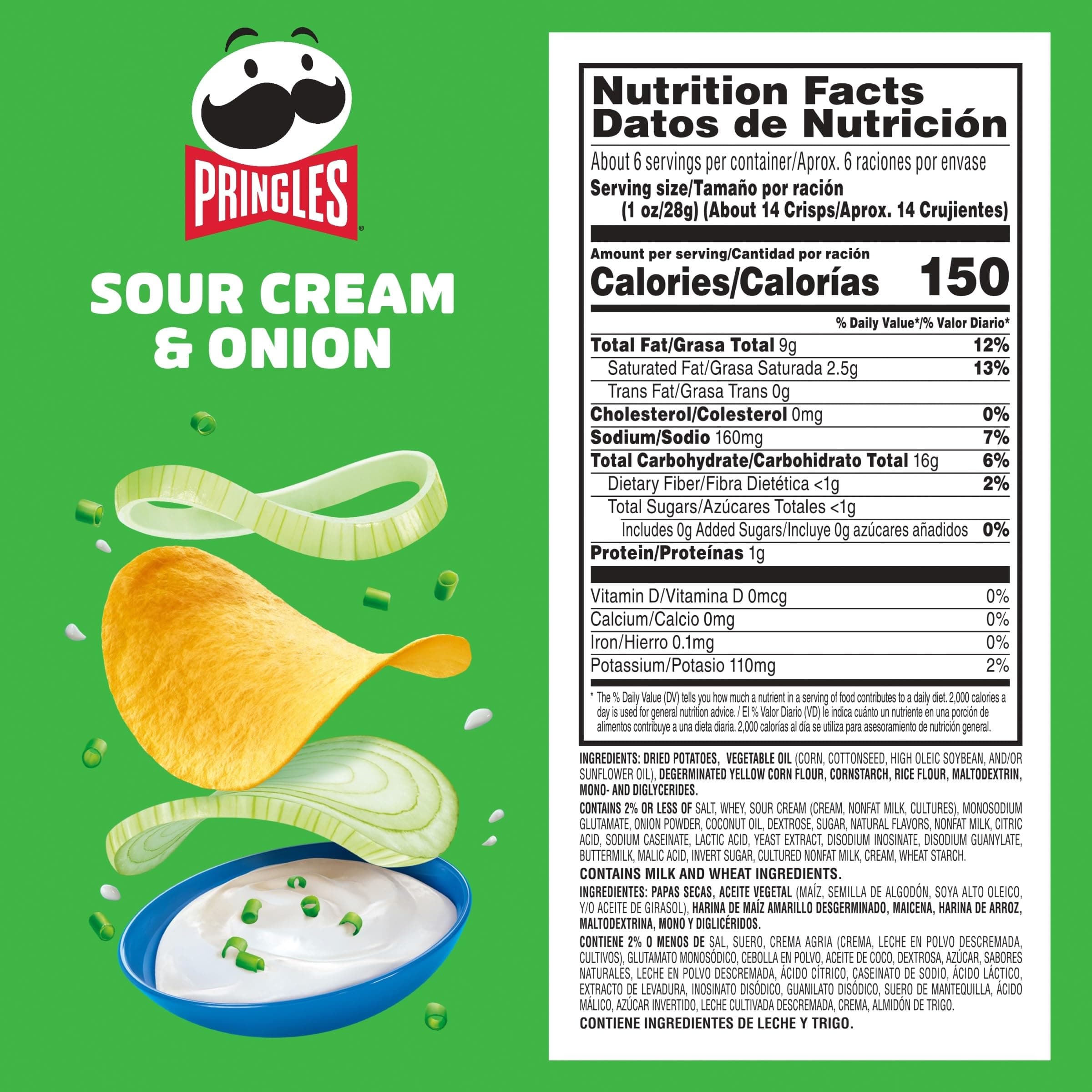 Pringles Potato Crisps Chips, Lunch Snacks, On-The-Go Snacks, Sour Cream and Onion, 5.5oz Can (1 Can) thumbnail 3