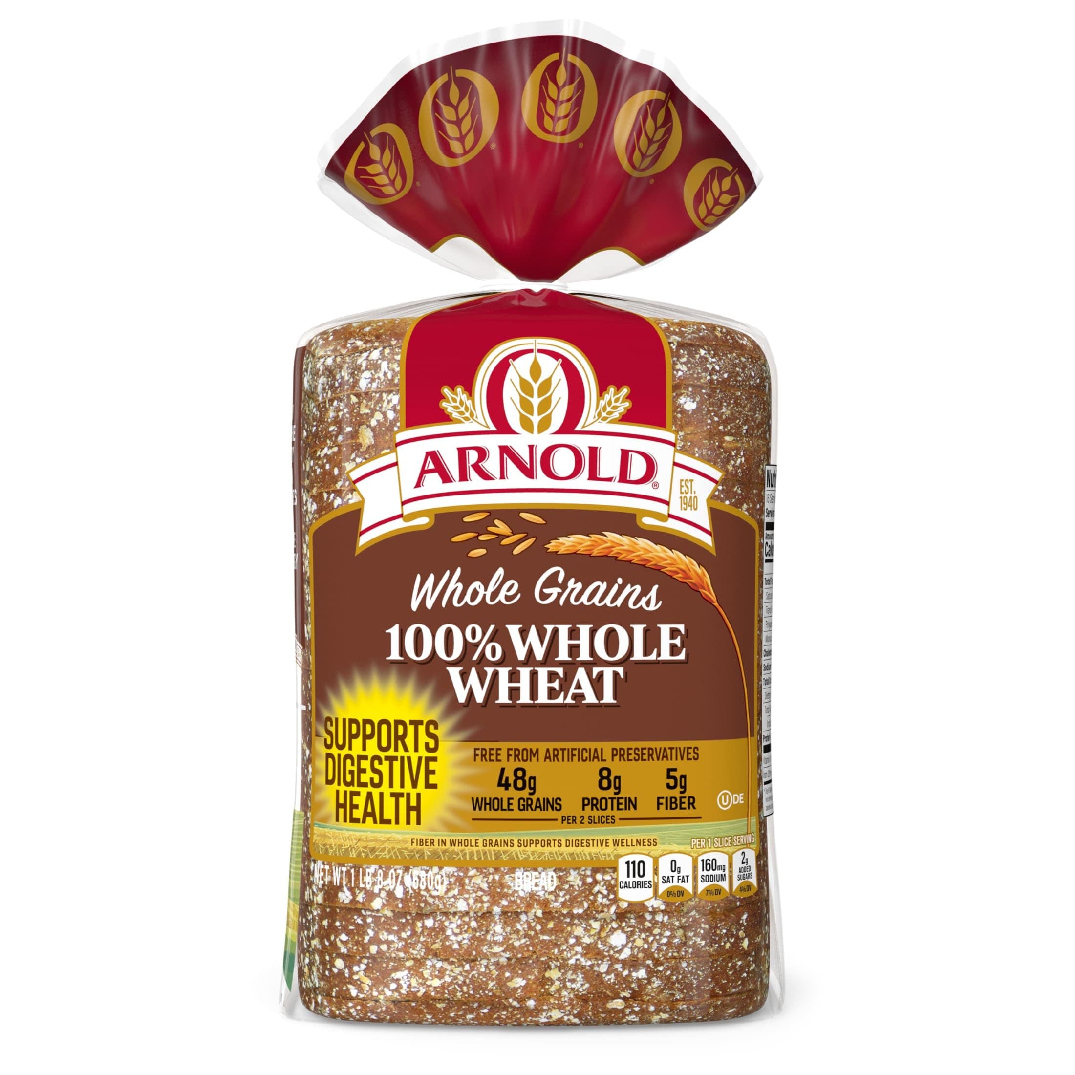 Arnold Whole Grains 100% Whole Wheat Bread, Wheat Bread Free From Artificial Colors, Flavors and Preservatives, 24 oz Loaf thumbnail 7