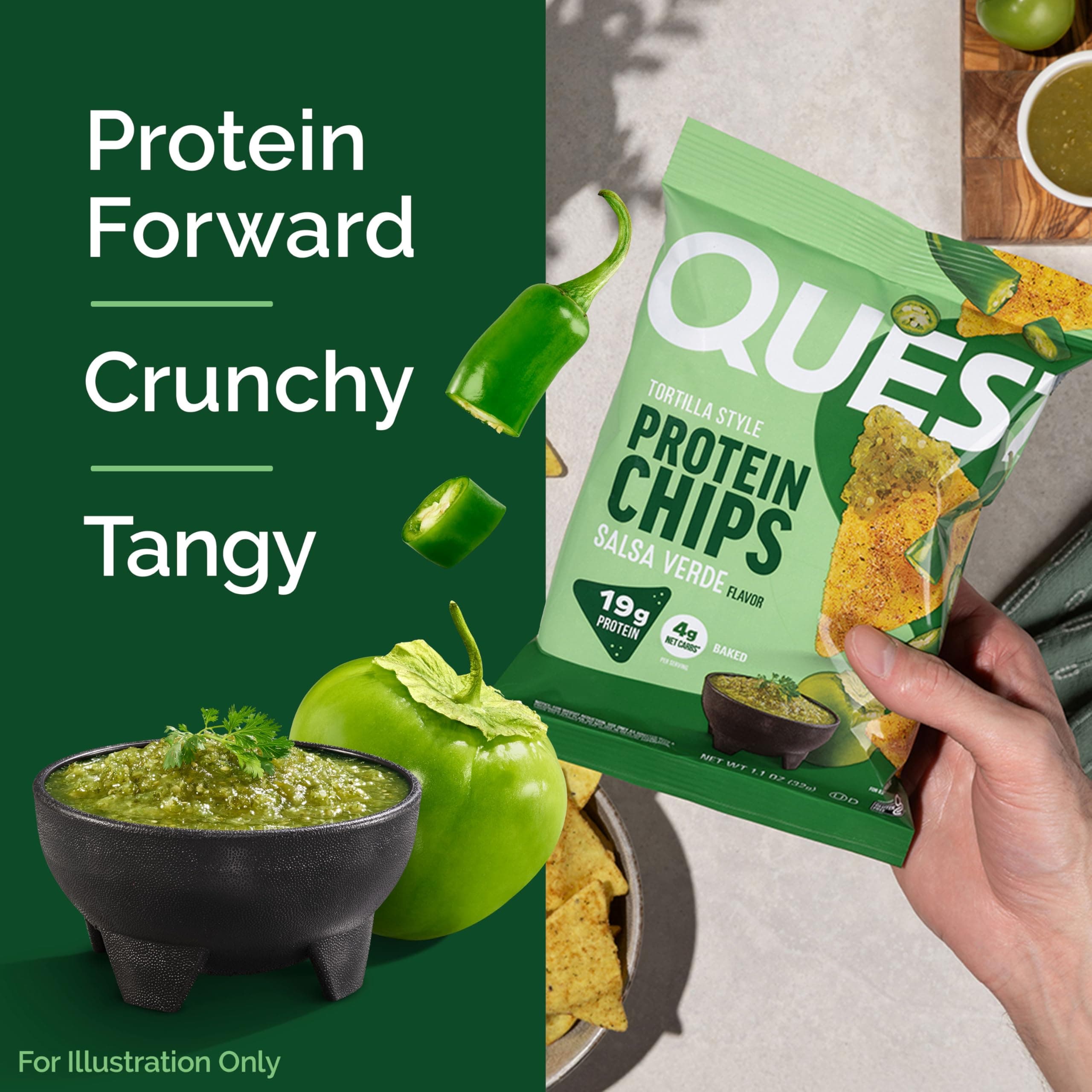 Quest Nutrition Tortilla Style Protein Chips, Salsa Verde, 19g of Protein, 4g Net Carbs, Gluten Free, 1.1 Ounce (Pack of 12) thumbnail 3