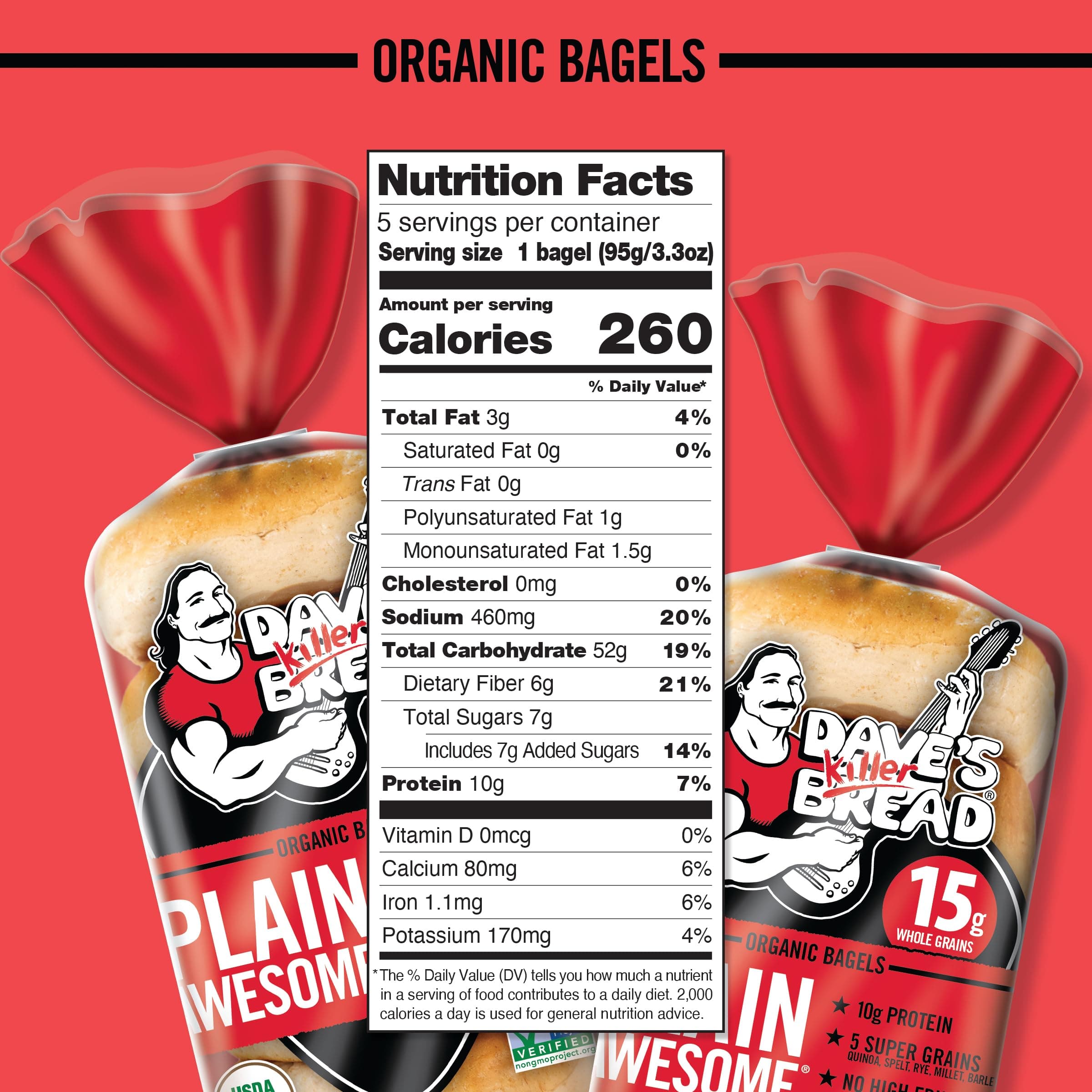 Dave's Killer Bread Plain Awesome Bagels, Organic Bagels, 15g Whole Grains per Bagel, 5 Count thumbnail 2
