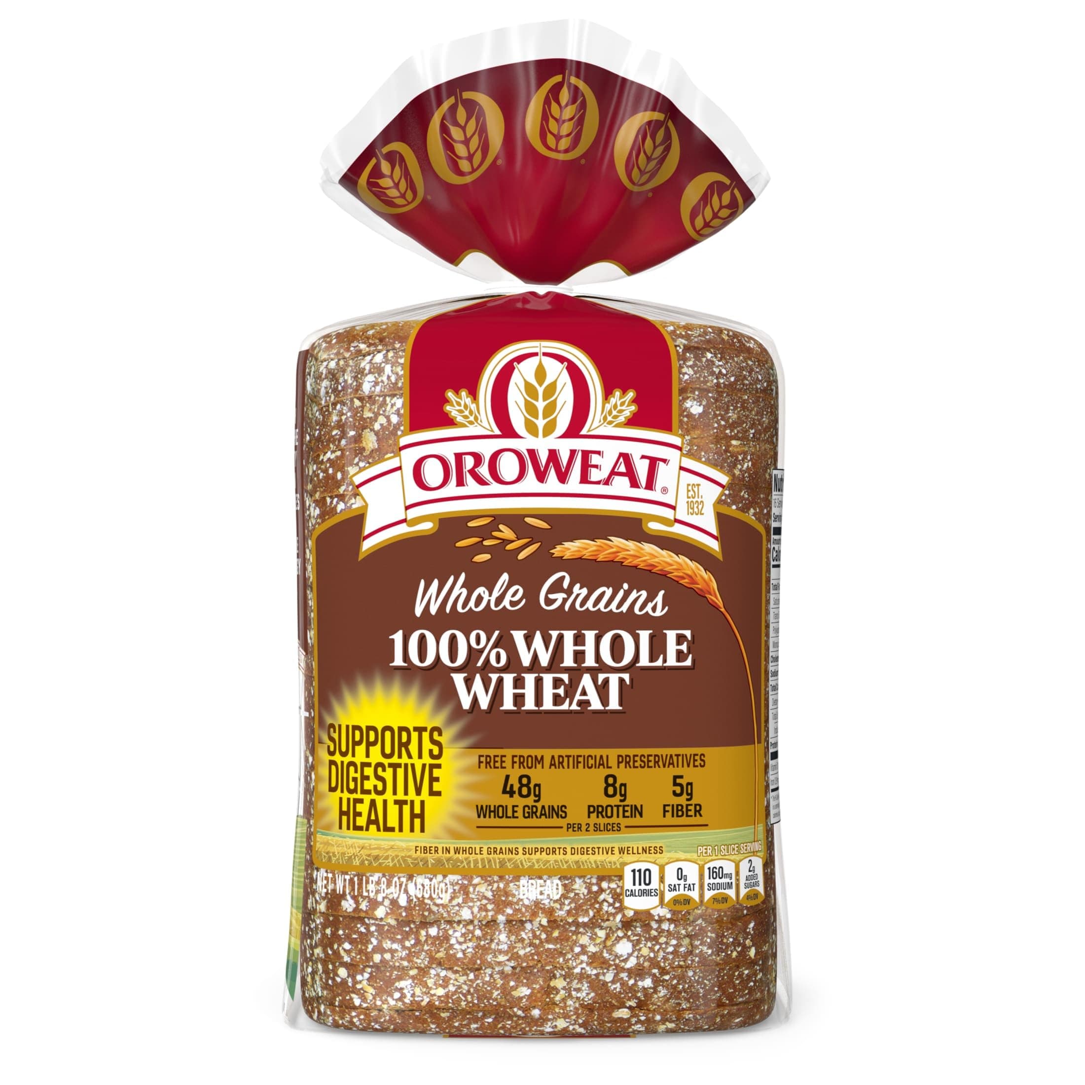 Oroweat Whole Grains 100% Whole Wheat Bread, Wheat Bread Free From Artificial Colors, Flavors and Preservatives, 24 oz Loaf thumbnail 6