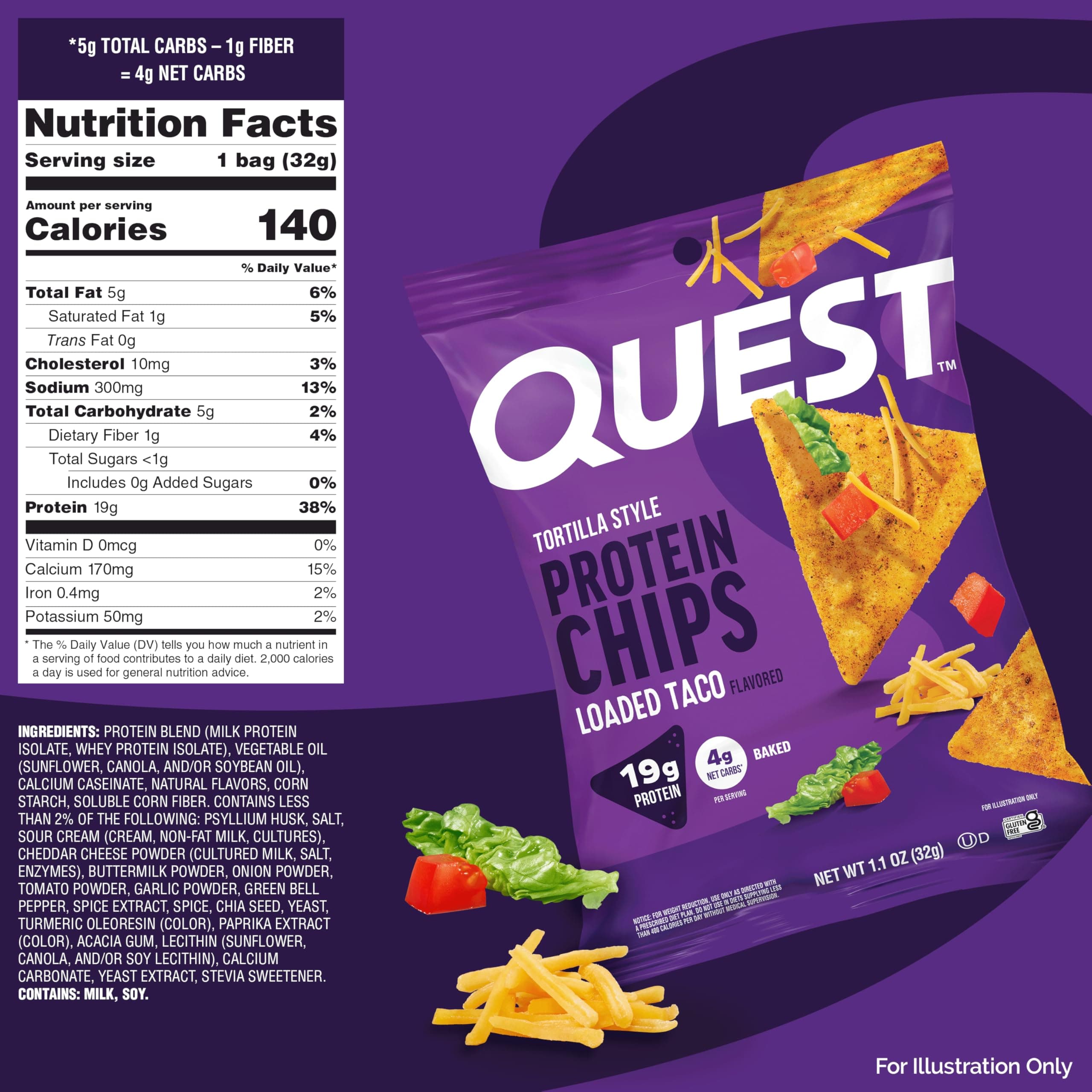 Quest Nutrition Loaded Taco Tortilla Style Protein Chips, 19g Protein, 4g Net Carb, Low Carb, Gluten Free, 1.1 oz (Pack of 4) thumbnail 7