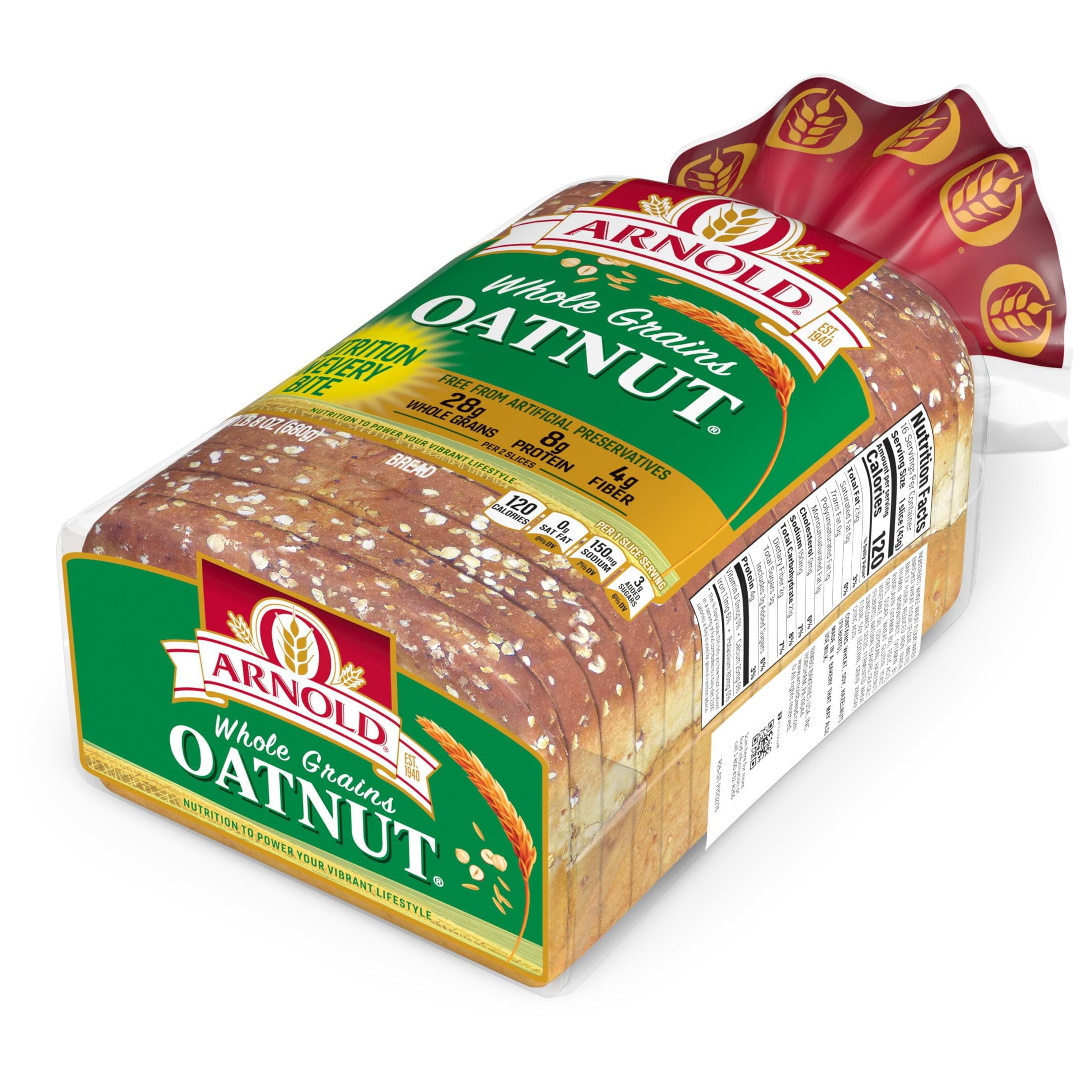 Arnold Whole Grains Oatnut Bread, Bread Free From Artificial Colors, Flavors and Preservatives, 24 oz Loaf thumbnail 4