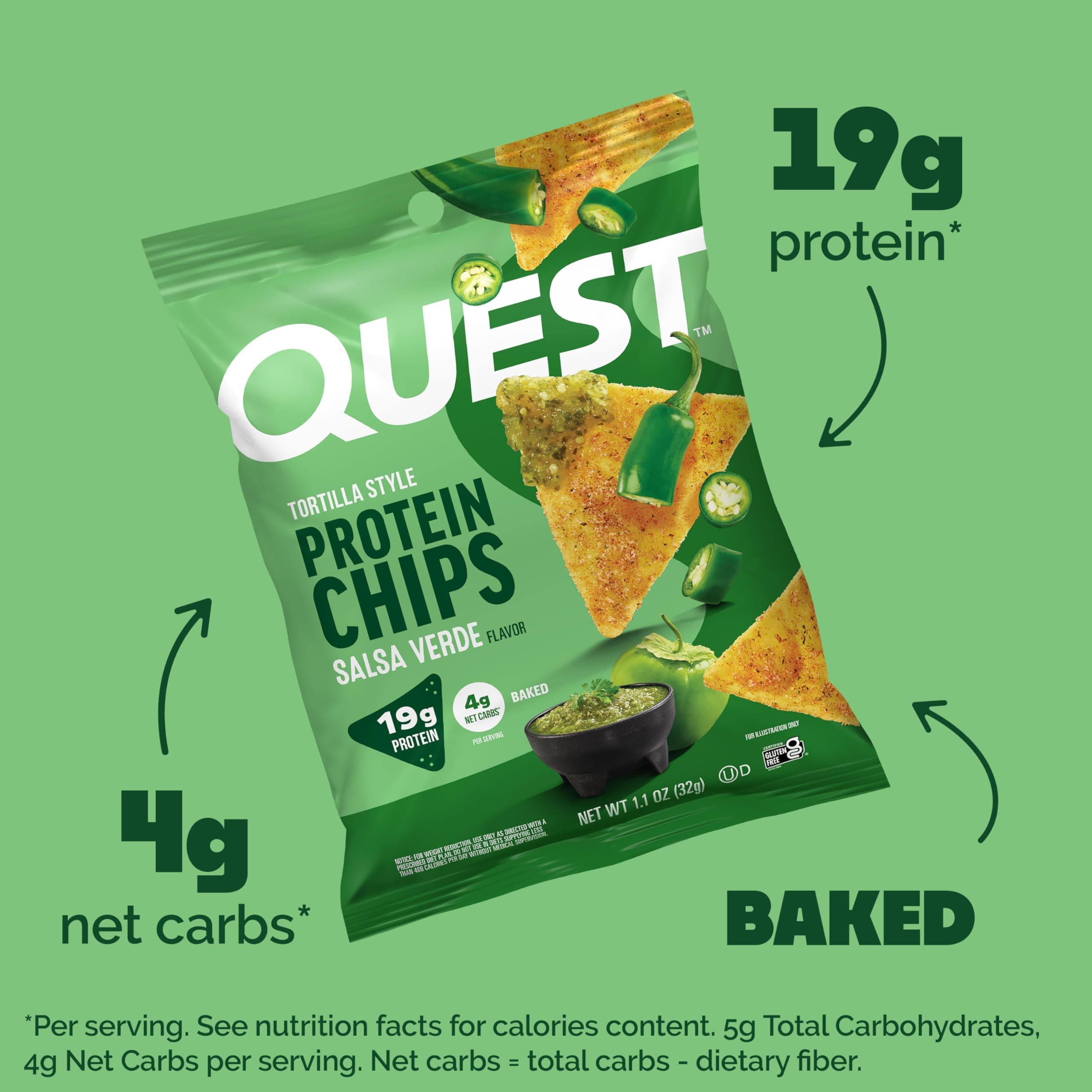 Quest Nutrition Tortilla Style Protein Chips, Salsa Verde, 19g of Protein, 4g Net Carbs, Gluten Free, 1.1 Ounce (Pack of 12) thumbnail 2
