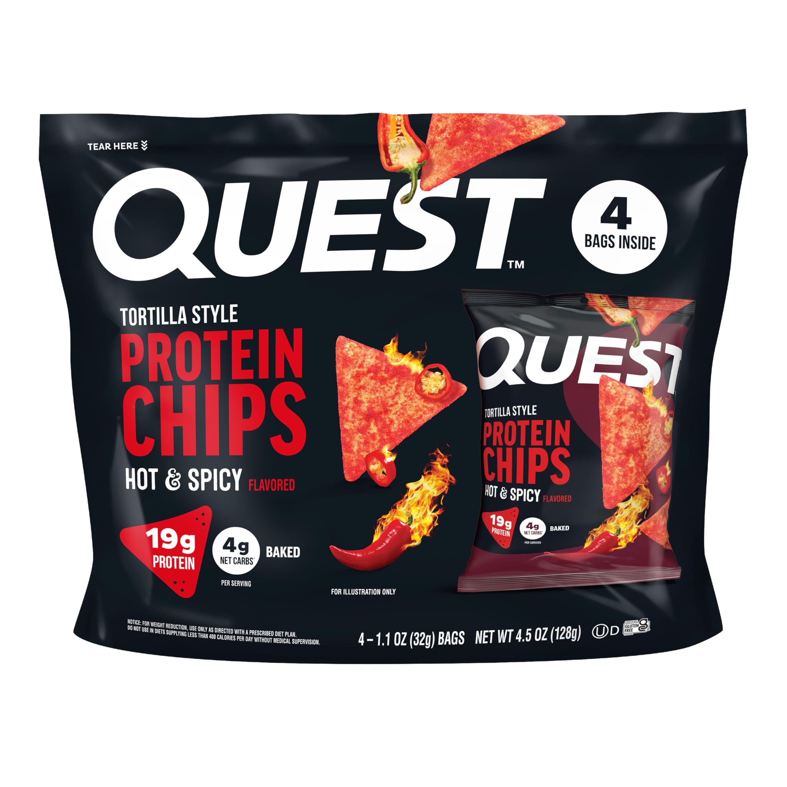 Quest Nutrition Tortilla Style Protein Chips, Hot & Spicy, 19g of Protein, 4g Net Carbs, High Protein, Gluten Free, 1.1 Ounce, 4 count image 1