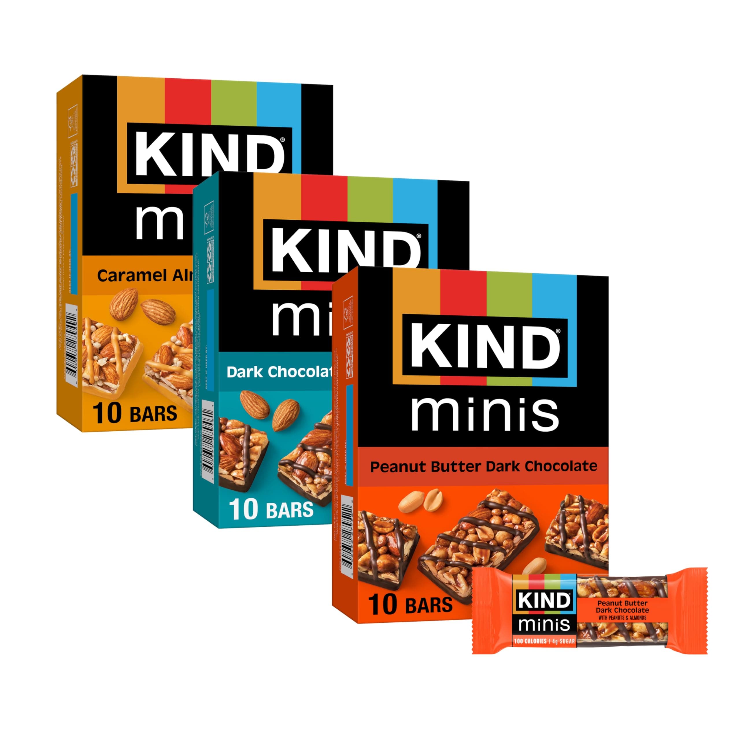 KIND Mini Snack Bars Variety Pack, Gluten Free, Low Sugar, Low Calorie Snacks, Dark Chocolate Nuts & Sea Salt, Peanut Butter Dark Chocolate, Caramel Almond & Sea Salt, 30 Count thumbnail 2