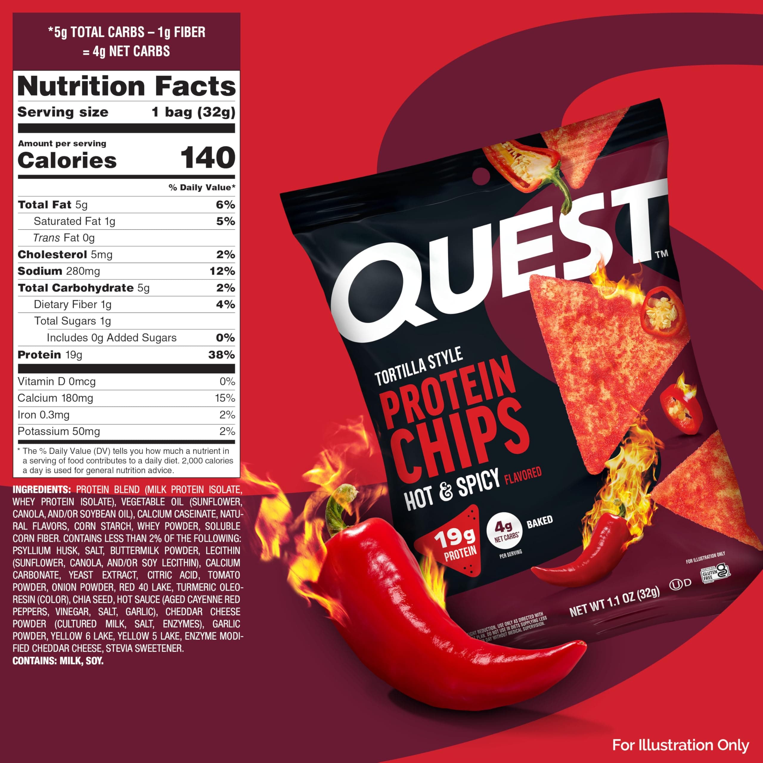 Quest Nutrition Tortilla Style Protein Chips, Hot & Spicy, 19g of Protein, 4g Net Carbs, High Protein, Gluten Free, 1.1 Ounce, 4 count thumbnail 7