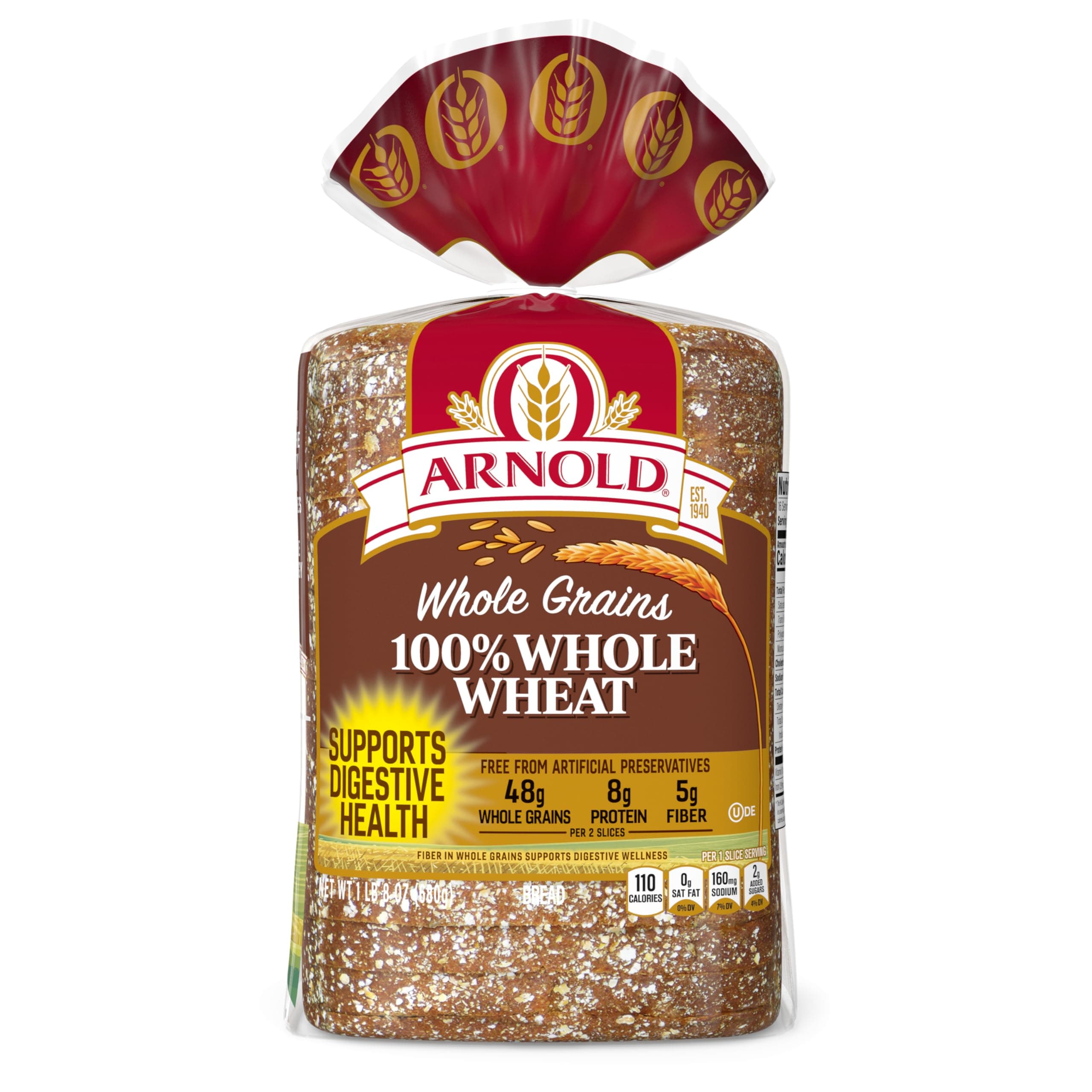 Arnold Whole Grains 100% Whole Wheat Bread, Wheat Bread Free From Artificial Colors, Flavors and Preservatives, 24 oz Loaf thumbnail 2