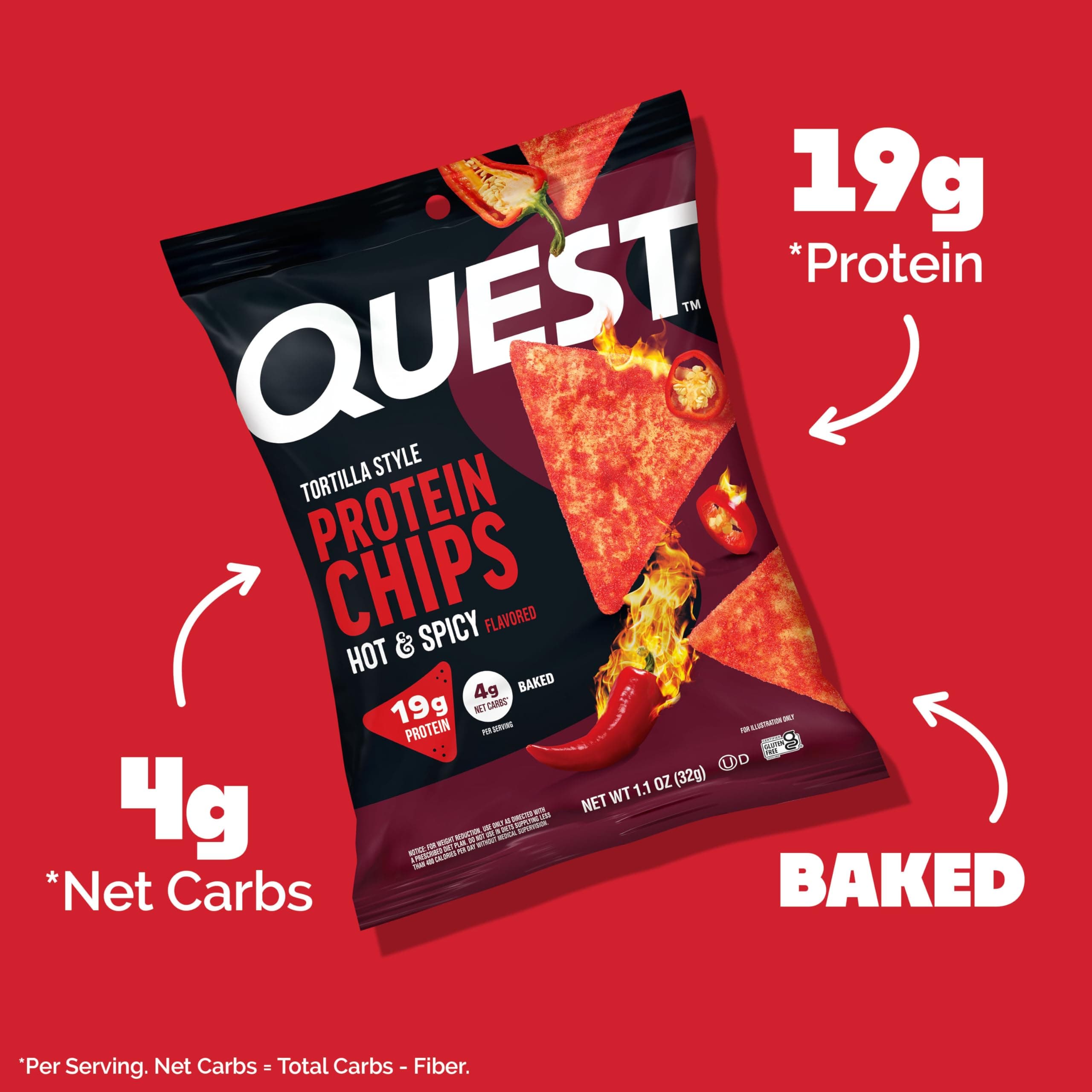 Quest Nutrition Tortilla Style Protein Chips, Hot & Spicy, 19g of Protein, 4g Net Carbs, High Protein, Gluten Free, 1.1 Ounce, 4 count thumbnail 3