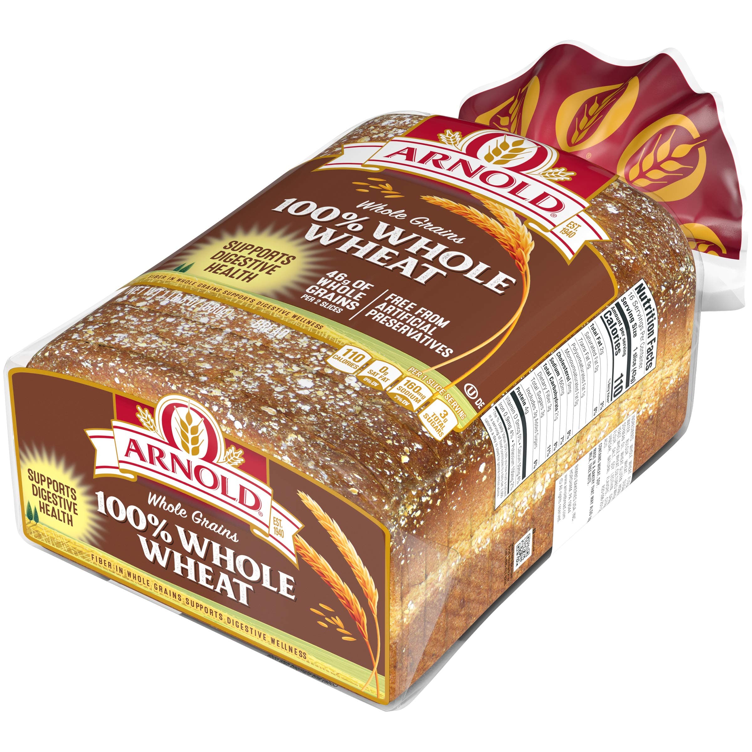 Arnold Whole Grains 100% Whole Wheat Bread, Wheat Bread Free From Artificial Colors, Flavors and Preservatives, 24 oz Loaf thumbnail 10