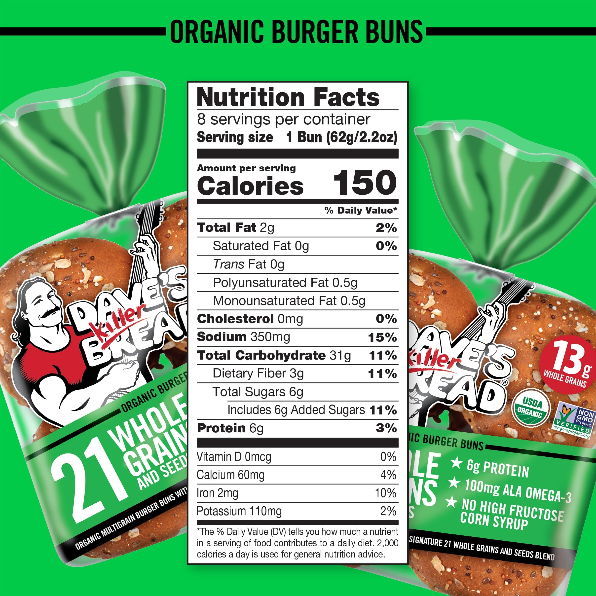 Dave's Killer Bread 21 Whole Grains & Seeds Burger Buns, Organic Hamburger Buns, 8 Count thumbnail 3