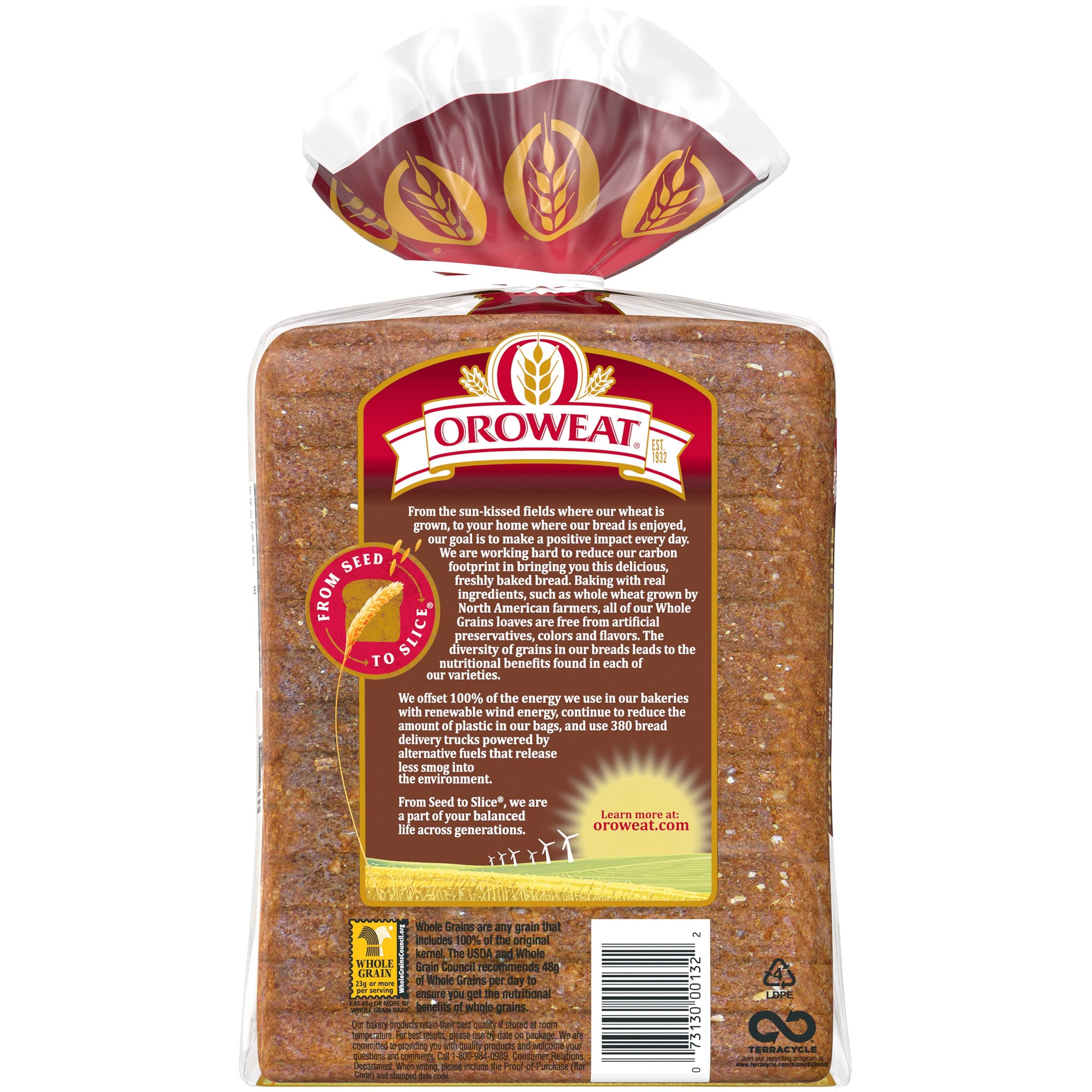 Oroweat Whole Grains 100% Whole Wheat Bread, Wheat Bread Free From Artificial Colors, Flavors and Preservatives, 24 oz Loaf thumbnail 9