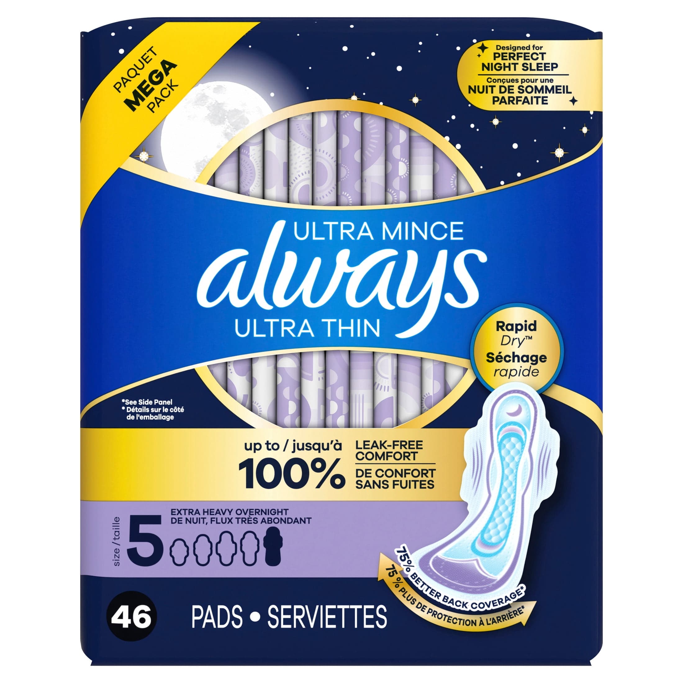 Always Ultra Thin Overnight Pads with Wings, Size 5, Extra Heavy Overnight, 46 Count