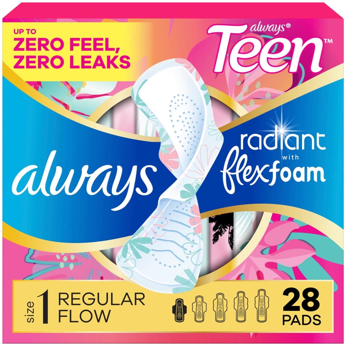 Always Radiant Teen Pads, Size 1, Regular, with Wings, Unscented, 28 Count