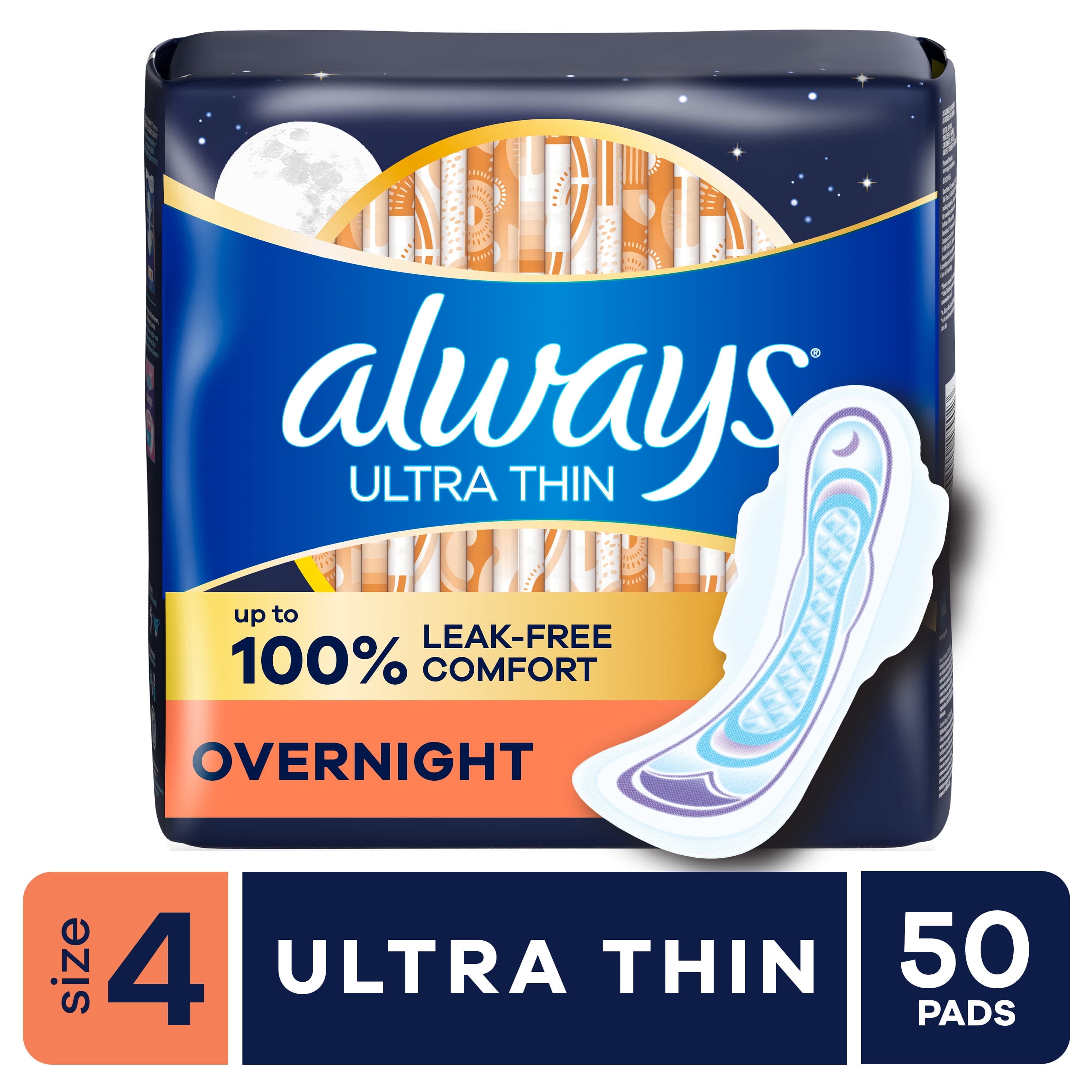 Always Ultra Thin Overnight Pads with Wings, Size 4, Overnight, 50 Count