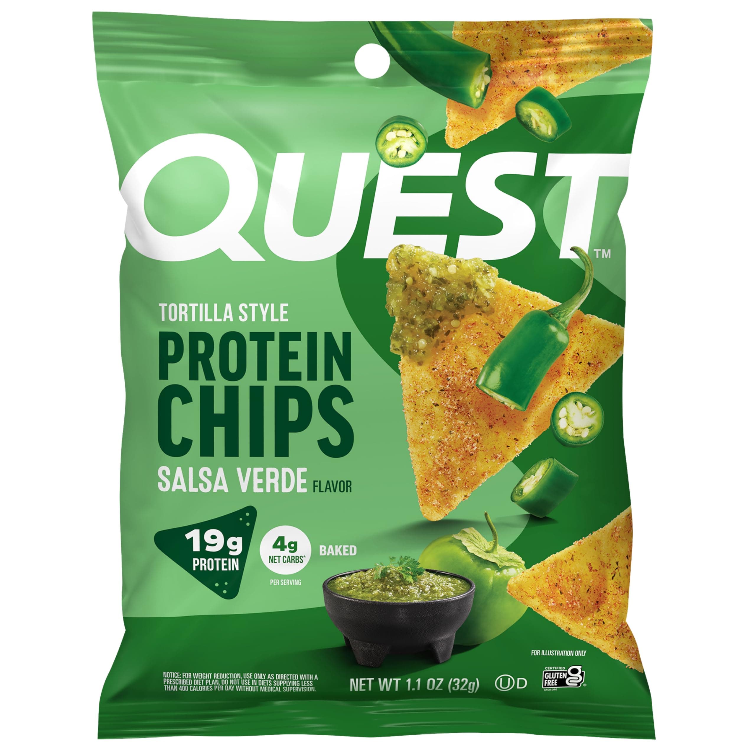Quest Nutrition Tortilla Style Protein Chips, Salsa Verde, 19g of Protein, 4g Net Carbs, Gluten Free, 1.1 Ounce (Pack of 12) image 1