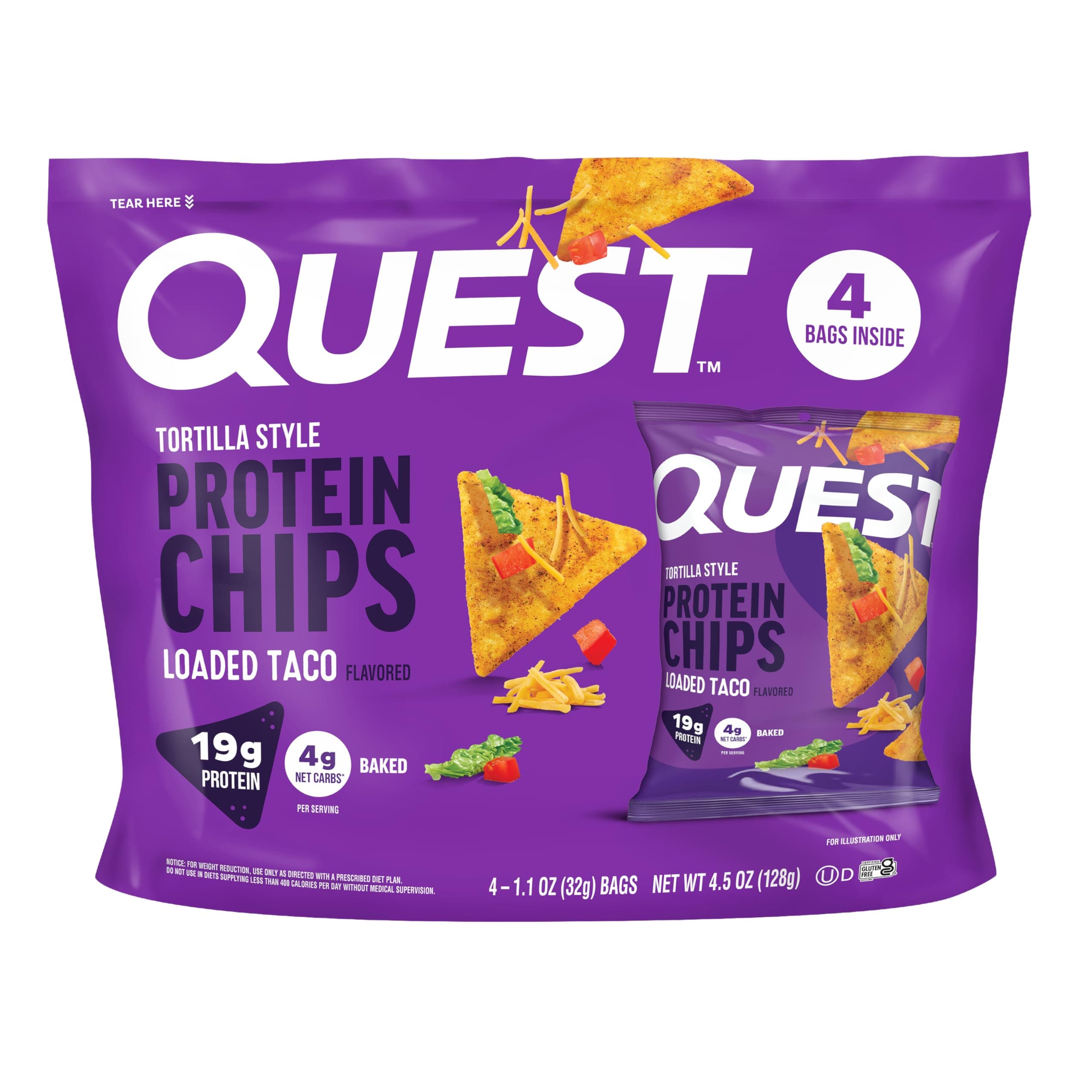 Quest Nutrition Loaded Taco Tortilla Style Protein Chips, 19g Protein, 4g Net Carb, Low Carb, Gluten Free, 1.1 oz (Pack of 4) image 1